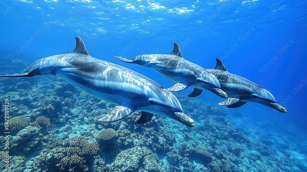 Naklejka premium Dolphins swimming over vibrant coral reef