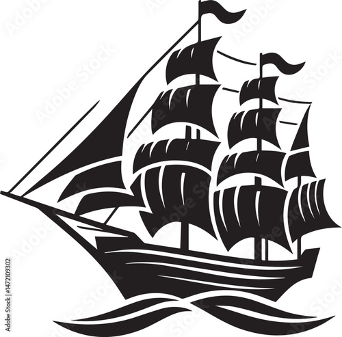 Vintage Black Silhouette of a Sailing Ship with Full Sails