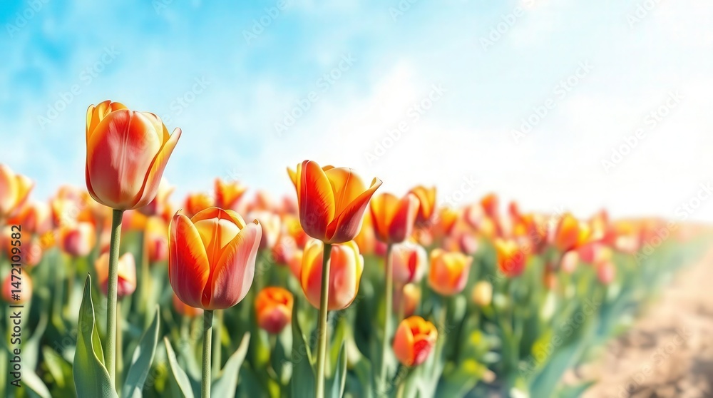Obraz premium Vibrant Orange Tulips Under Clear Blue Sky in Sunlit Field
