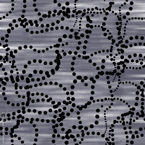 Grey seamless texture with chaotic wavy thread line of black dots. Black and white psychedelic background for interior decor, wallpaper, wall panel, textile, poster, web banner. 
