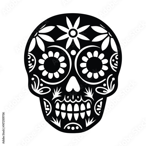 Artistic black and white sugar skull illustration with intricate floral and ornamental designs