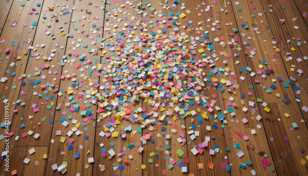 Obraz premium Colorful Confetti scattered on wooden floor: Abstract capture a colorful scattering of confetti dispersed across a wooden floor, creating a cheerful and celebratory scene.