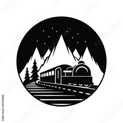 Black and white silhouette of a vintage train traveling through snowy mountain scenery at night