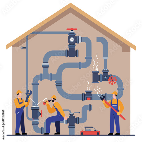 Plumbing Repair Team Working on Pipes Inside of House
