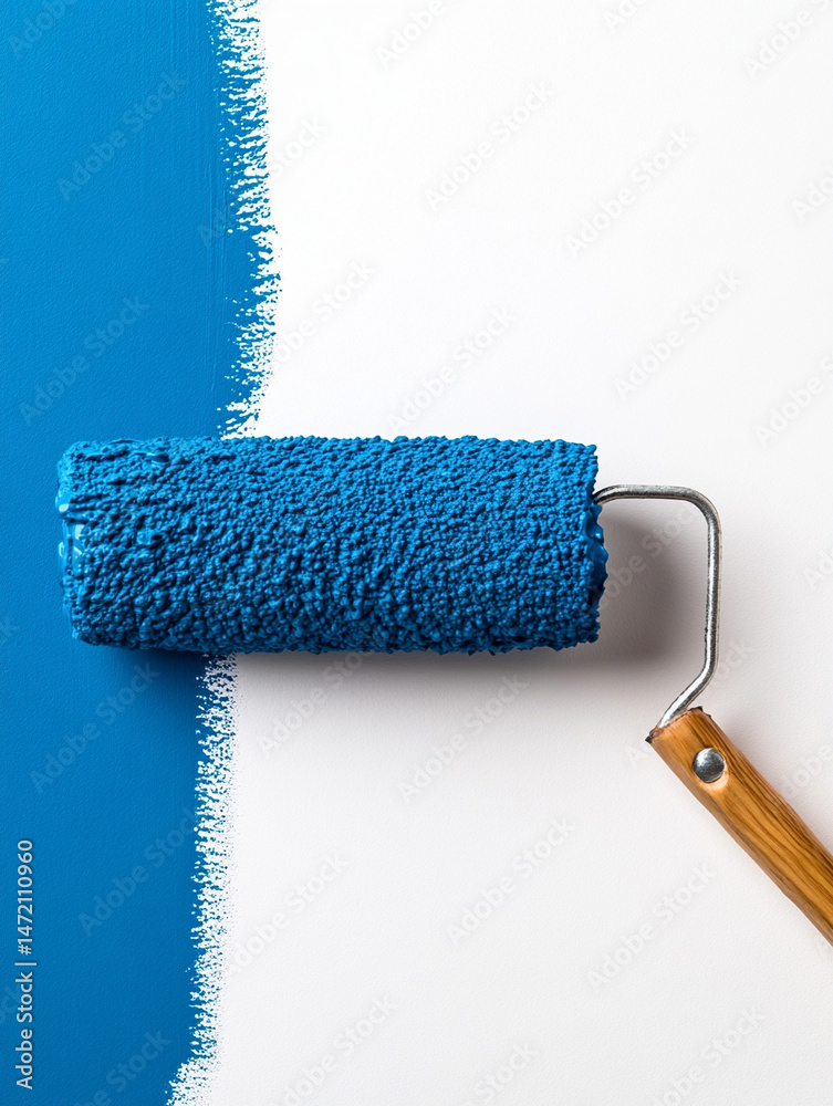 Obraz premium A paint roller with fresh blue paint, partially used, isolated on white