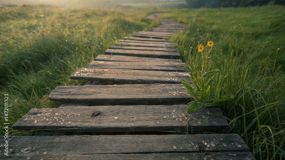 Obraz premium Wooden Pathway,Peaceful,Rural,Morning,Wilderness,Adventure,Scenery
