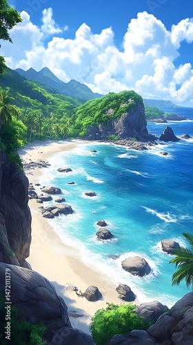 Tropical Beach with Turquoise Water and Lush Green Hills Scenery