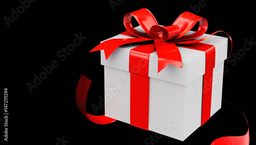 Elegant white gift box with a shiny red ribbon and bow, isolated on black background, symbolizing celebration or surprise.