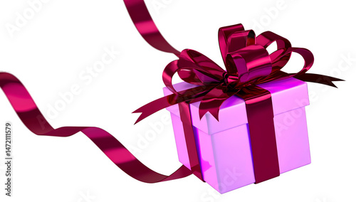 Stylish pink gift box with a glossy burgundy ribbon and bow, isolated on white background, symbolizing luxury, celebration, or surprise.