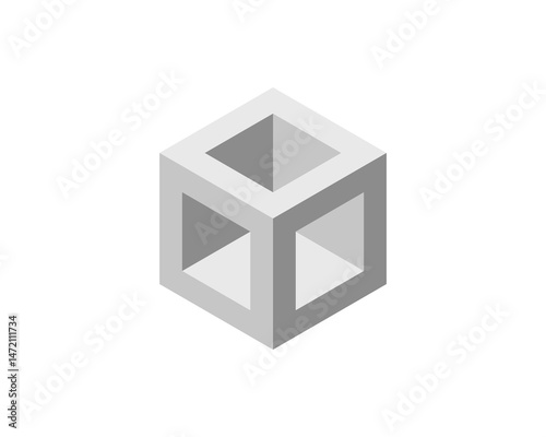 Abstract isometric cube with inner voids, showcasing a minimalist design.  Perfect for concepts of architecture, technology, or empty space.  Use as a background, website element, or logo component.