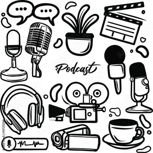 Podcast equipment in doodle style illustration, Podcast Content Creation Drawing Hand Drawn Podcast Scribbles Doodles, Hand drawn podcast doodle set