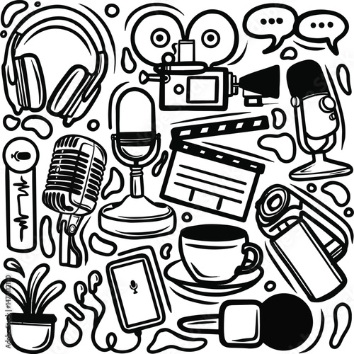 Hand drawn podcast doodle set, Podcast equipment in doodle style illustration, Podcast Content Creation Drawing Hand Drawn Podcast Scribbles Doodles, Hand drawn podcast doodle set