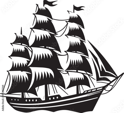 Vintage Black Silhouette of a Sailing Ship with Full Sails