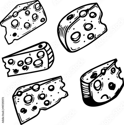 Vintage Hand Drawn Cheese Wedges – Black and White Vector Illustration
