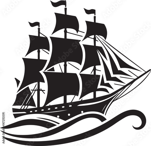 Vintage Black Silhouette of a Sailing Ship with Full Sails