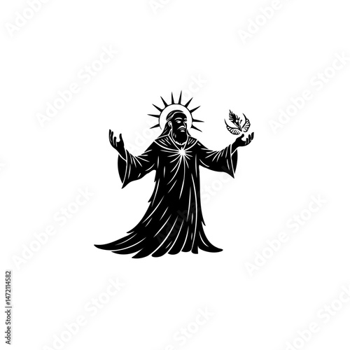 Monochrome illustration of a spiritual figure with symbolic celestial elements