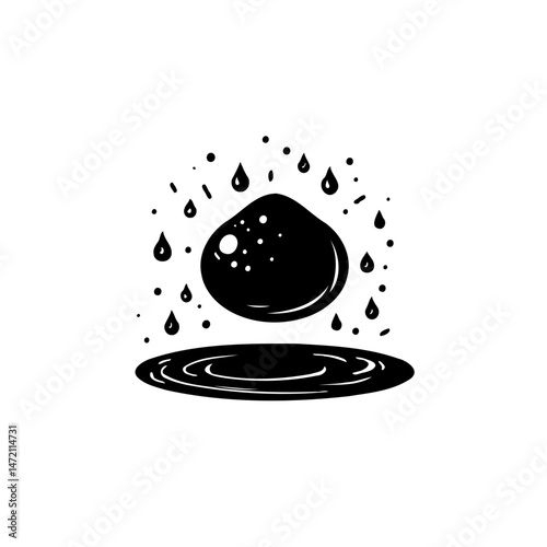 Abstract depiction of a sphere hovering above ripples with falling droplets design