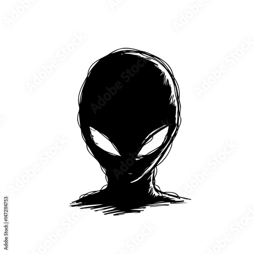 Silhouette of an alien head in black ink, abstract drawing representing extraterrestrial life