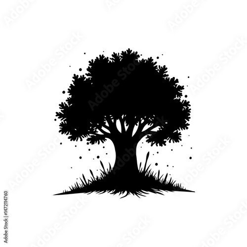 Monochromatic portrayal of a tree silhouette in a natural landscape setting