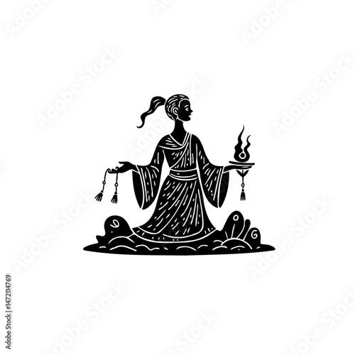Stylized silhouette art depicting a figure in ornate robes with mystical elements
