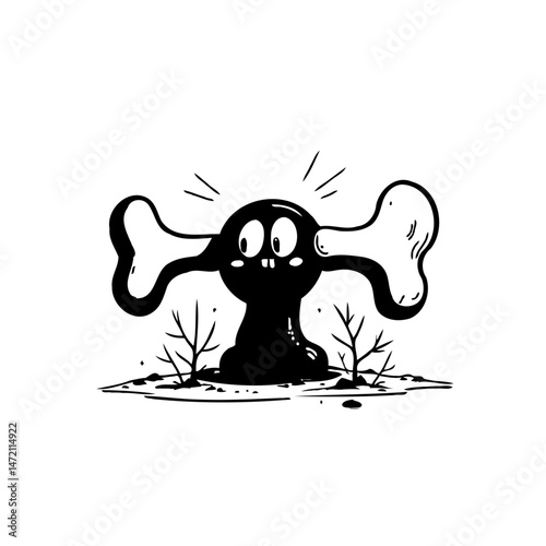 Whimsical creature with bone-shaped ears, emerging from shadowy soil