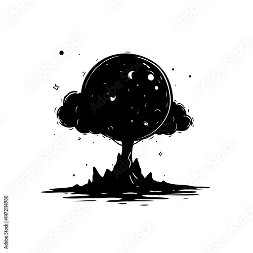 Silhouette of a stylized tree with celestial or cosmic influences illustrated