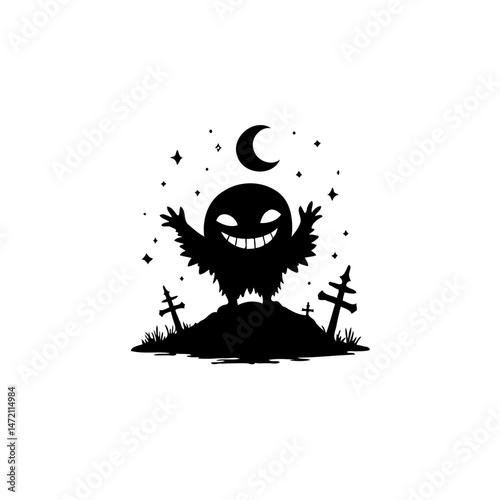 Silhouetted Halloween Creature on a Hill Underneath a Crescent Moon