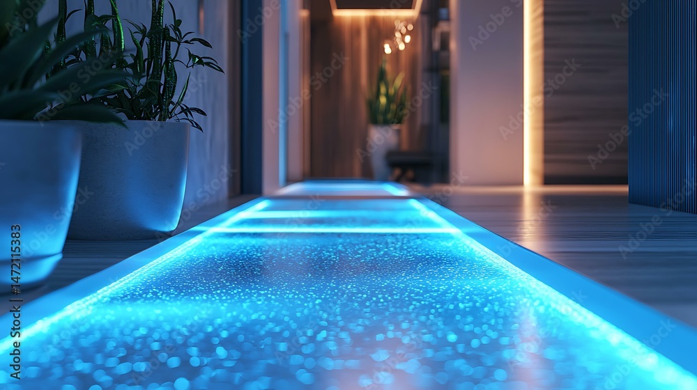 Obraz premium A thermal-reactive entry mat that glows along the footsteps path with color transitions, embedded seamlessly into modern hallway, 8K ultra-detailed