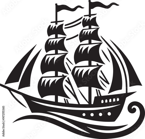 Vintage Black Silhouette of a Sailing Ship with Full Sails