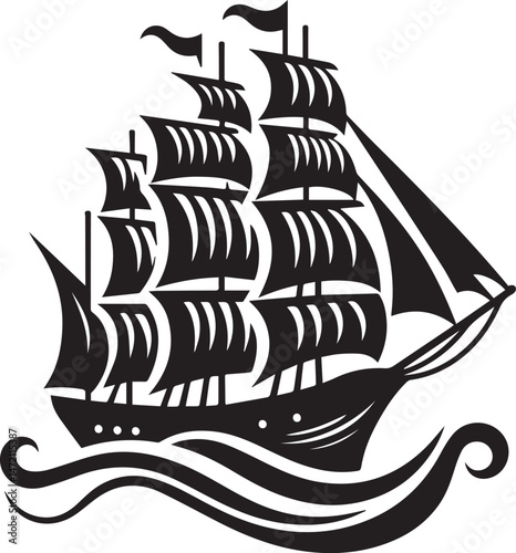Vintage Black Silhouette of a Sailing Ship with Full Sails