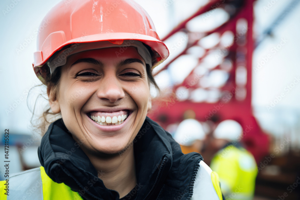 Worker enjoying a moment outdoors while wearing a hard hat and safety gear near construction equipment in a coastal area Worker enjoying a moment outdoors while wearing a hard hat and safety gear near construction equipment in a coastal area