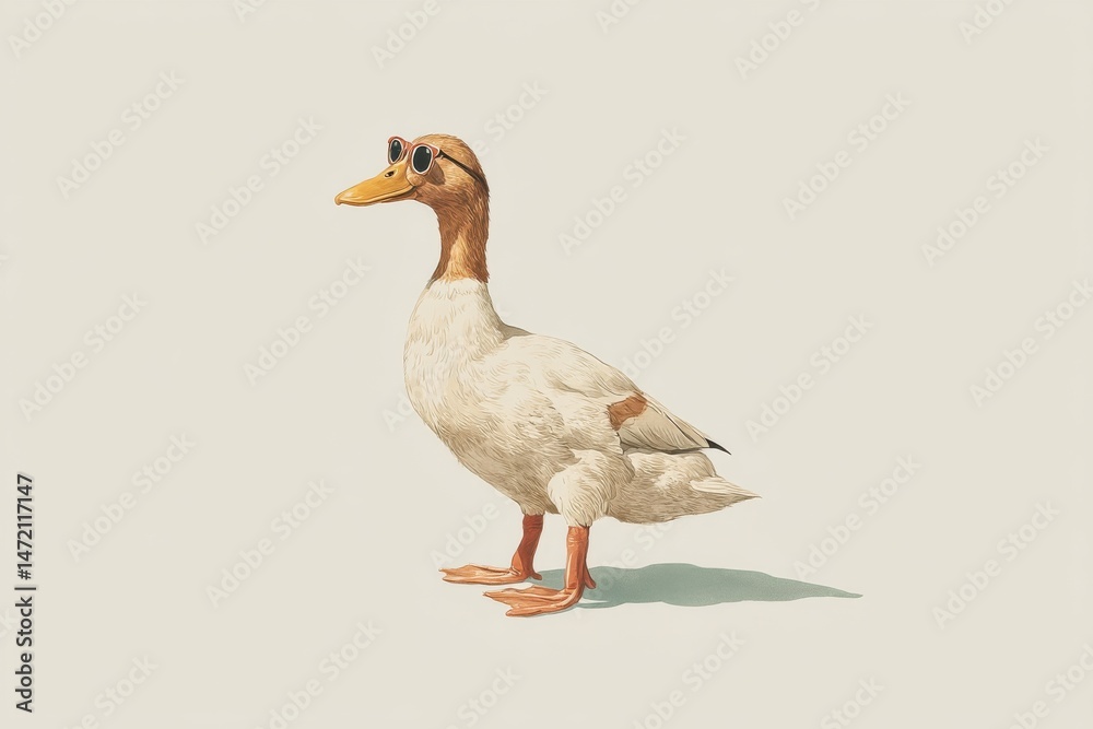 Obraz premium Duck wearing sunglasses stands confidently against a plain background highlighting its charming personality