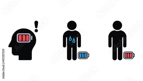Low Energy Battery Icon Vector with Human Silhouette and Burnout Concept Illustration
