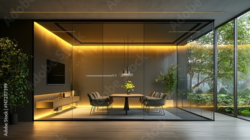 A smart wall partition that turns transparent or opaque based on light temperature, futuristic privacy system with smooth surface integration, 8K ultra-detailed