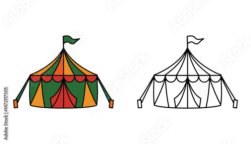 Circus Tent Vector Icon Set in Color and Outline Style for Festival and Carnival Design