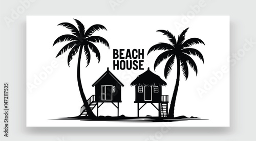 Black And White Beach Houses With Palm Trees Graphic