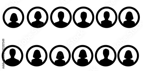 Silhouette Icons of People in Circles, collection of black-and-white silhouette icons featuring human figures enclosed within circles