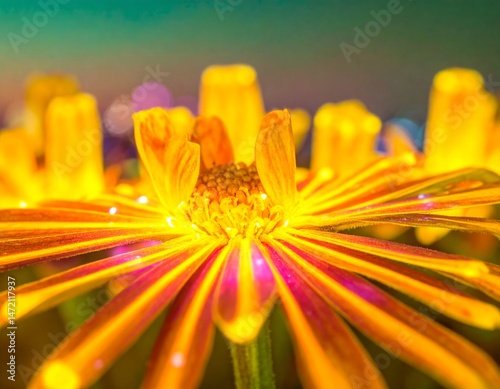 A vibrant close-up of a yellow flower with glowing petals and a blurred, colorful background.