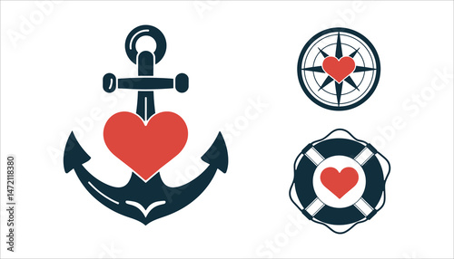 Anchor, Compass, and Lifebuoy Icons with Heart, Nautical Love Symbol Design