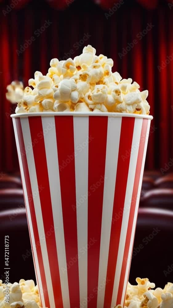 Delicious popcorn in a classic striped bucket at a movie theater.