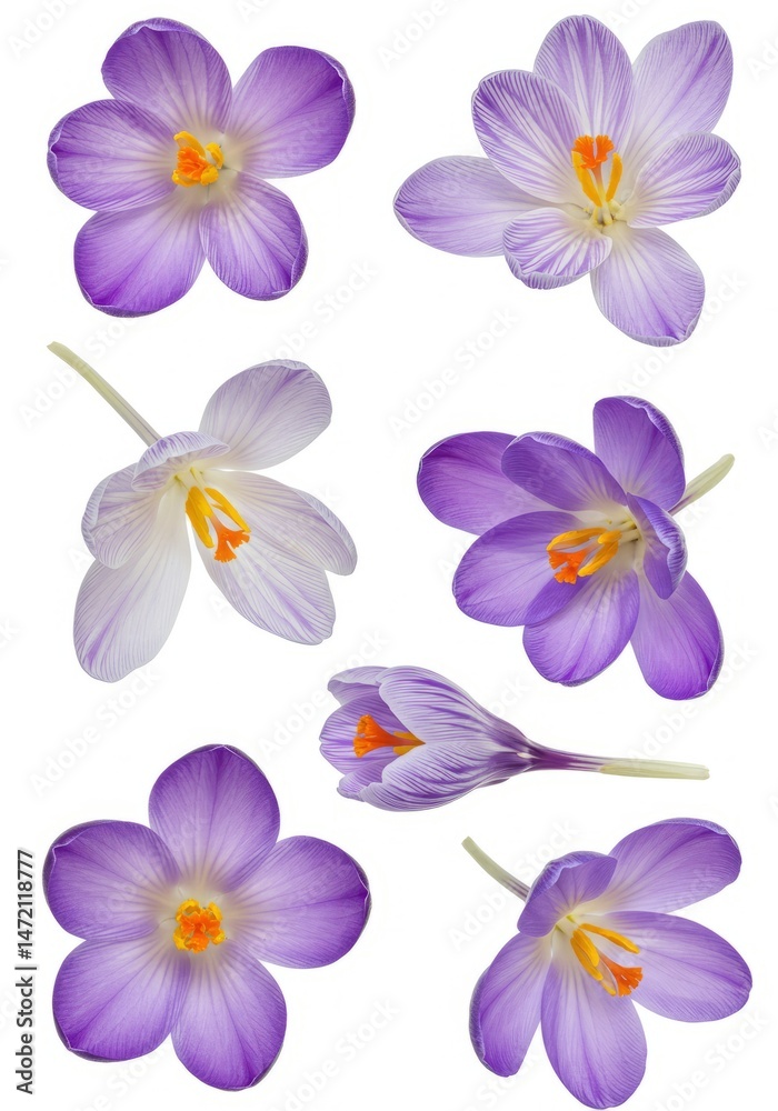 Fototapeta premium Various crocus flowers in different stages of bloom on a white background with copy space