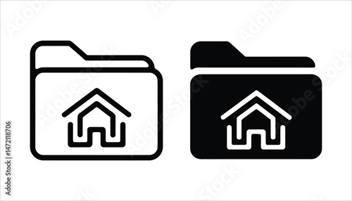 Folder Icon with House Symbol, Minimalist Black and White Vector Design