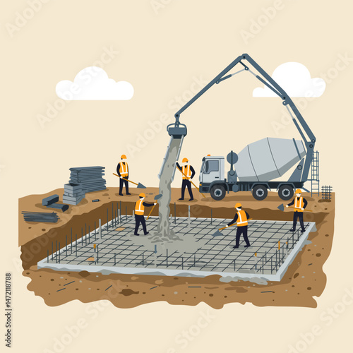 Pouring Concrete Foundation with Construction Workers and Mixer Truck