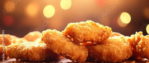 Golden, crispy chicken nuggets served on a warm plate with a festive background.