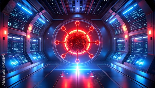 A glowing red virus in a high-tech laboratory surrounded by advanced computer servers and futuristic blue lighting.