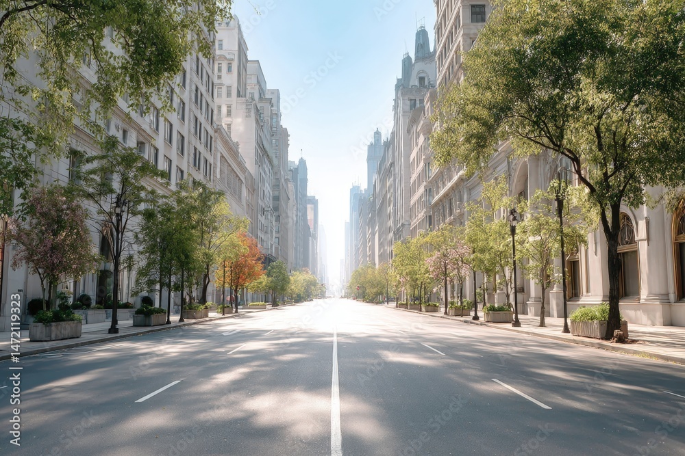Fototapeta premium A wide, empty city street lined with tall buildings and green trees under bright daylight.