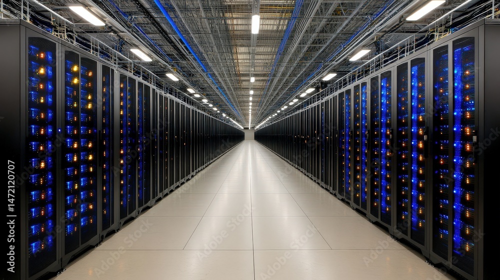 Fototapeta premium Server Room Rows of Modern Data Center Servers with Illuminated LED Lights
