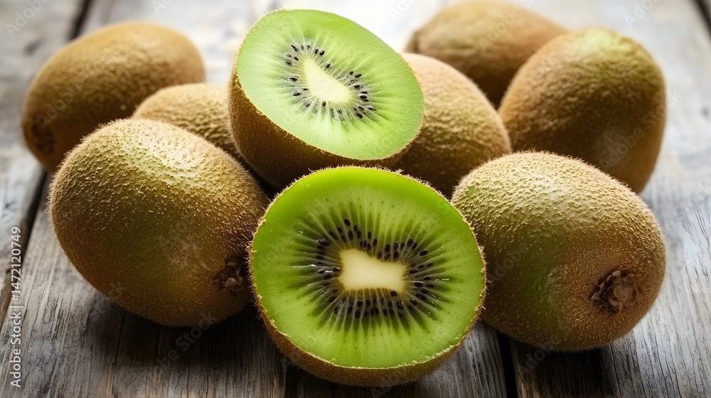 Fototapeta premium Juicy Fresh Kiwis on Rustic Wooden Table