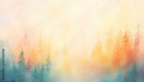Misty Forest Sunrise: A Peaceful Landscape with Warm Pastel Colors