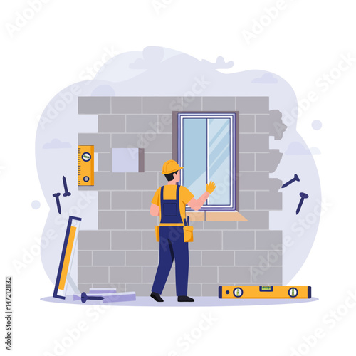 Construction Worker Installing Window in Brick Wall with Tools Nearby